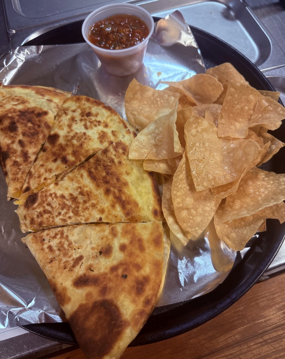 Grilled quesadilla cut in wedges with tortilla chips and a cup of salsa
